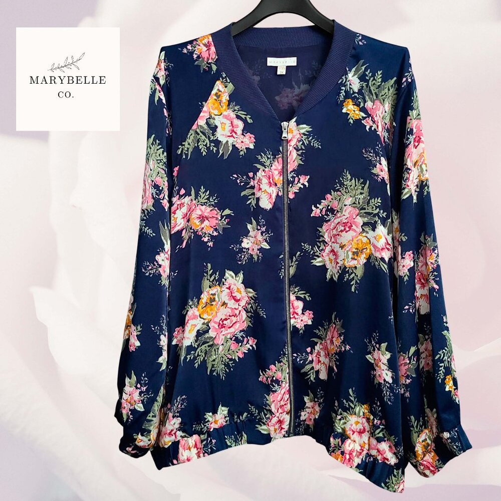 MARYBELLE Floral Bomber Jacket ~ Blue/Pink ~ Size 3X